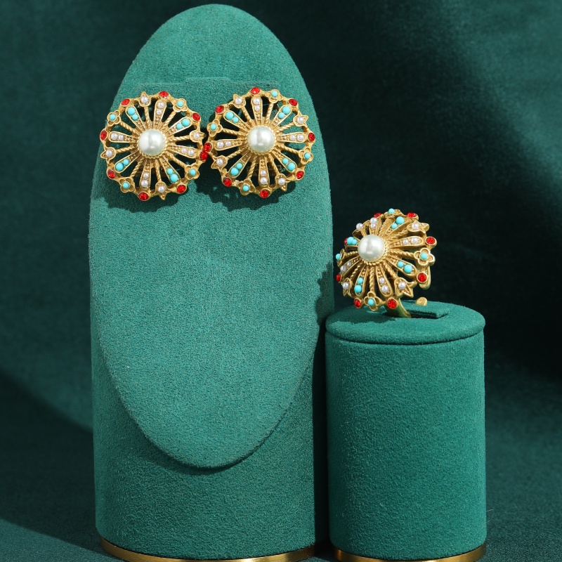 Turquoise Stone Ring - Vintage Hohle Sonnenblumen-Türkis-Schmucksets für Damen, Perlen-Hochzeitsschmuck,