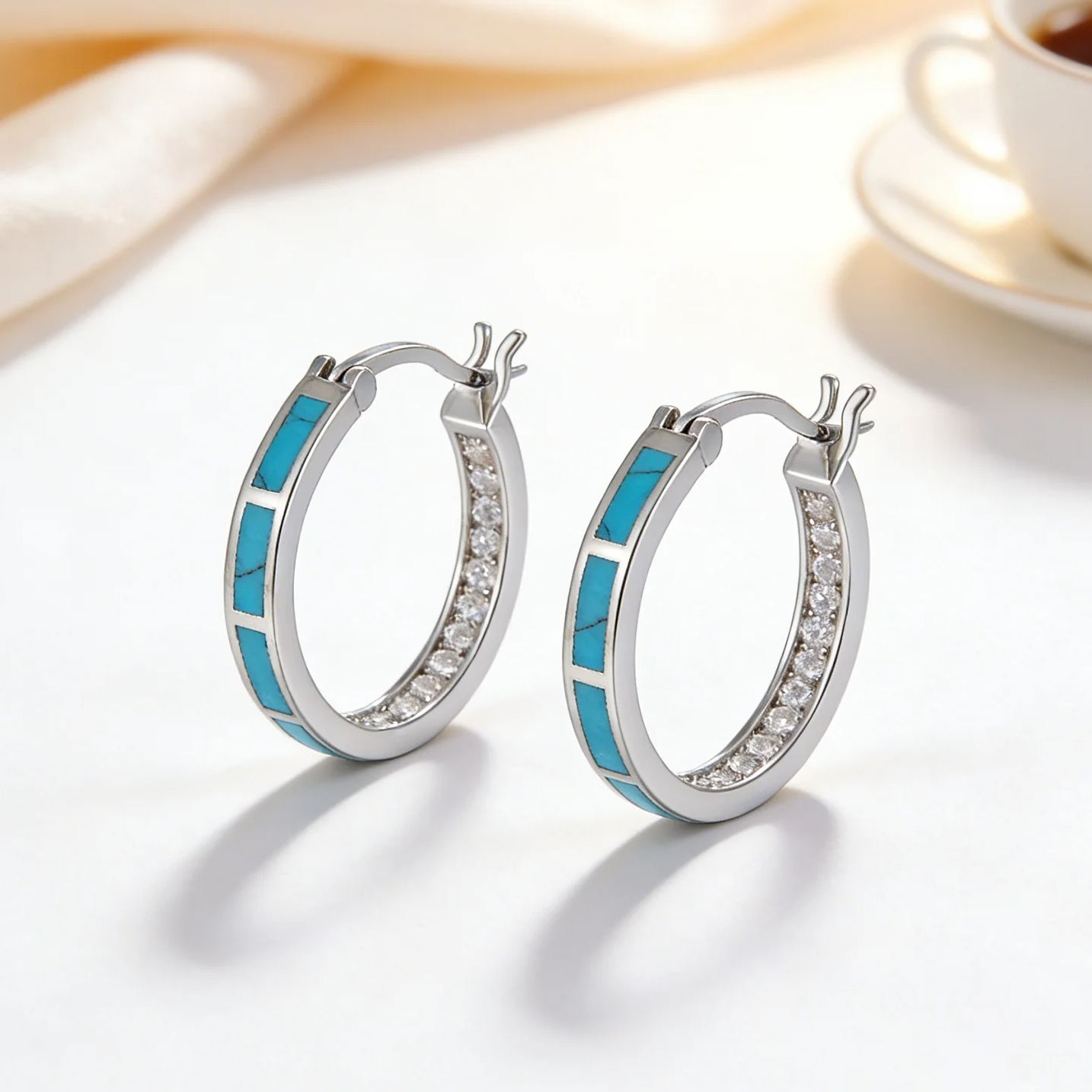 Turquoise Stone Ring - Hypoallergene Türkis- und Zirkon-Creolen für Damen,